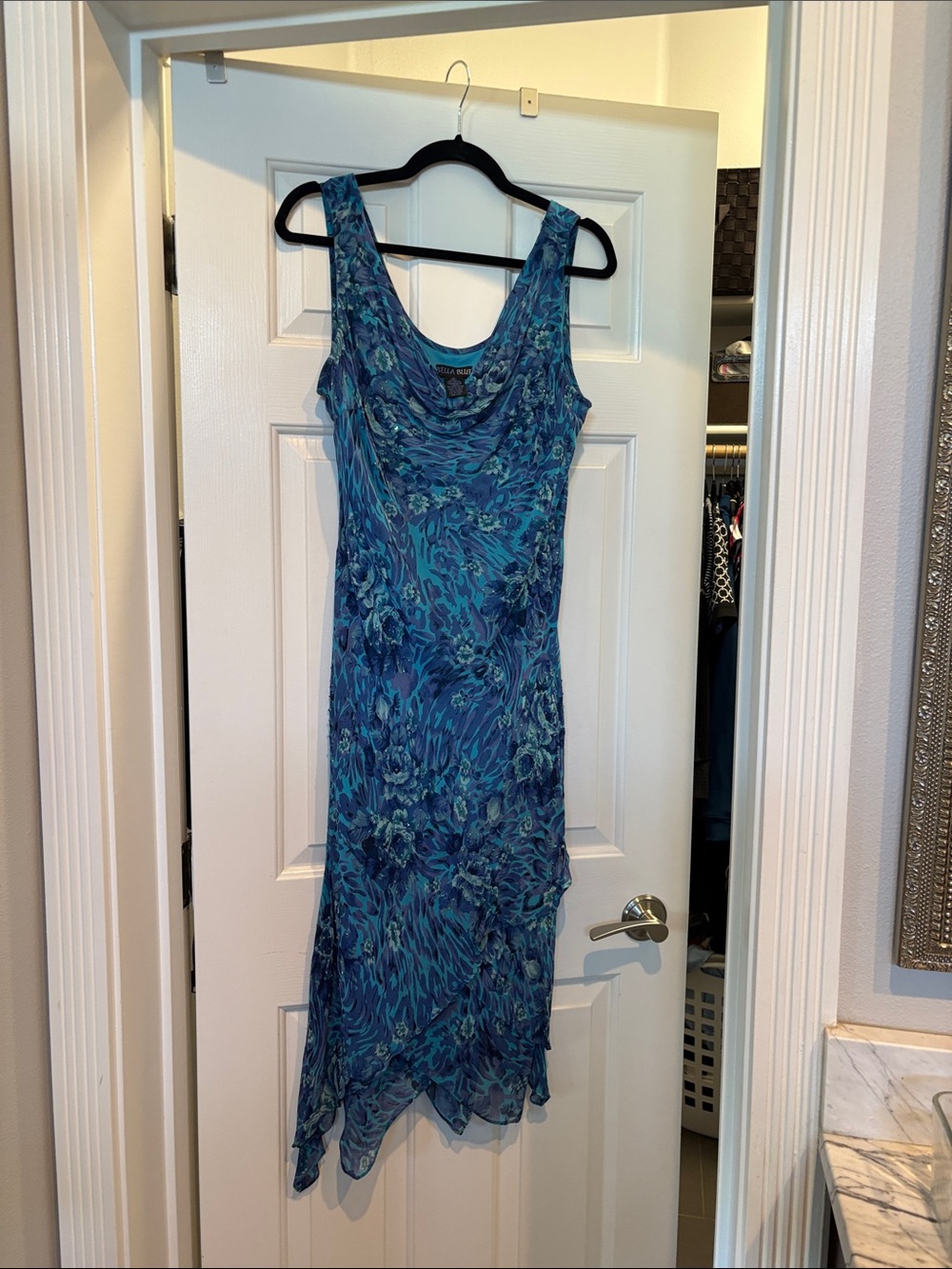 Blue Floral Cowl Neck High-Low Dress